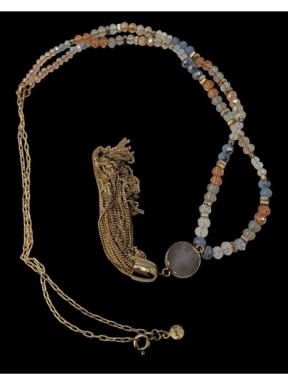 LOFT Druzy Pendant Necklace Glass Beaded Gold Tone Tassel Boho Glam Statement